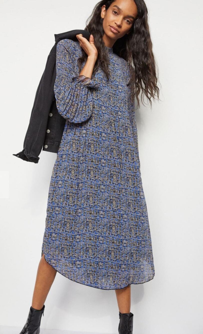 Anthropologie Maeve pleated geometric midi blue long sleeve dress. Small